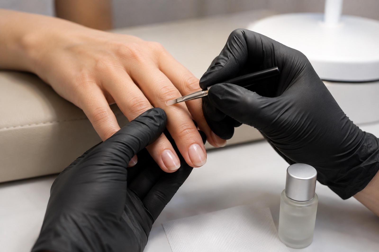 Gloved nail technician applies a minimal amount of clear primer only to the natural nail plate with space around the skin