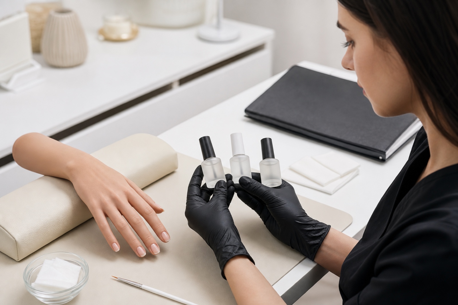 Professional nail technician compares three unbranded nail preparation bottles beside a clean natural nail and safety folder