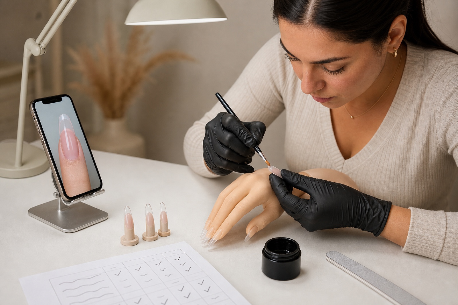 Nail student practises a clear extension on a training hand while comparing profile reference and recording repeated exercises