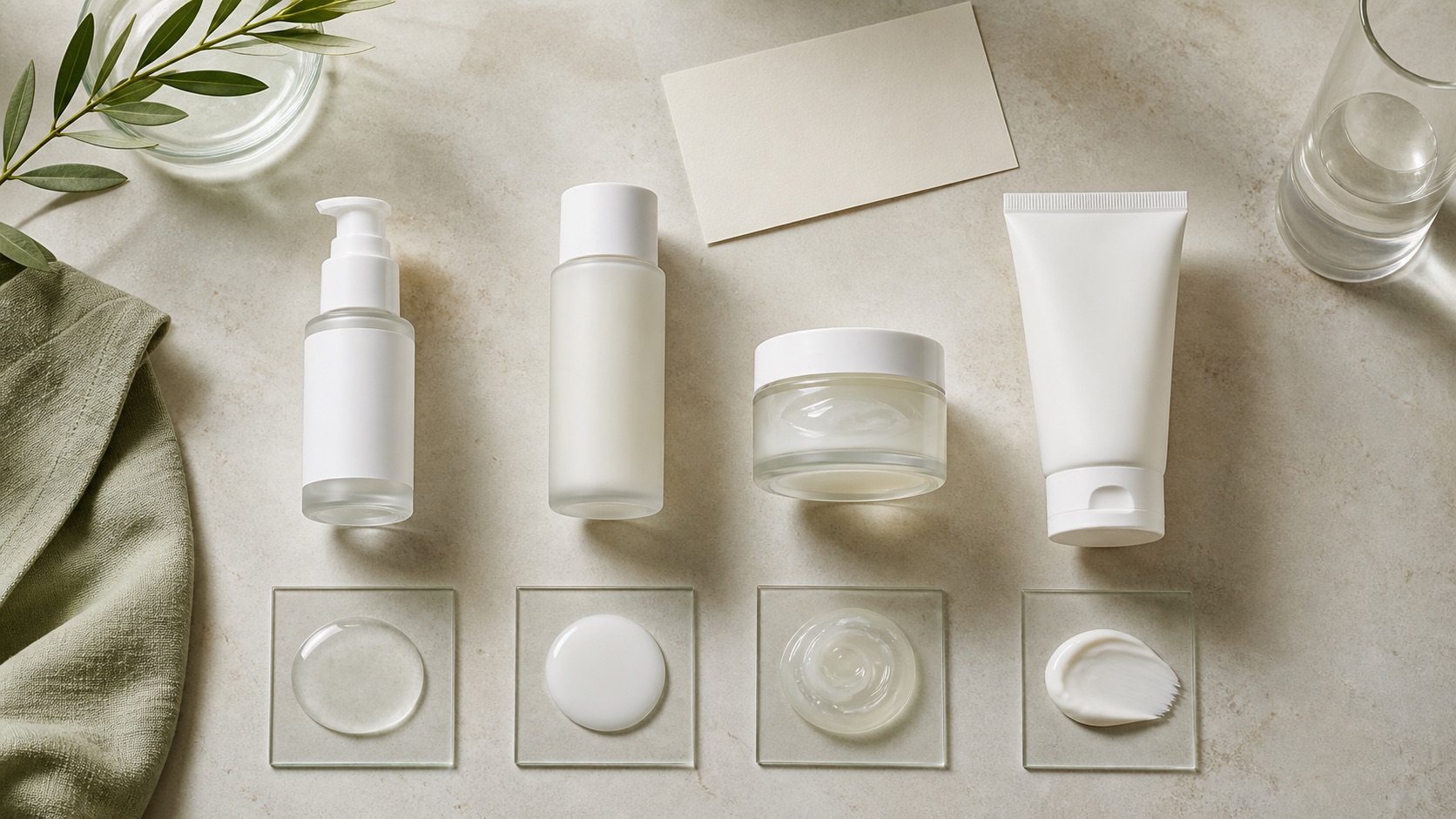 Quattro confezioni skincare senza marchio con campioni separati di siero trasparente, emulsione, gel-crema e crema