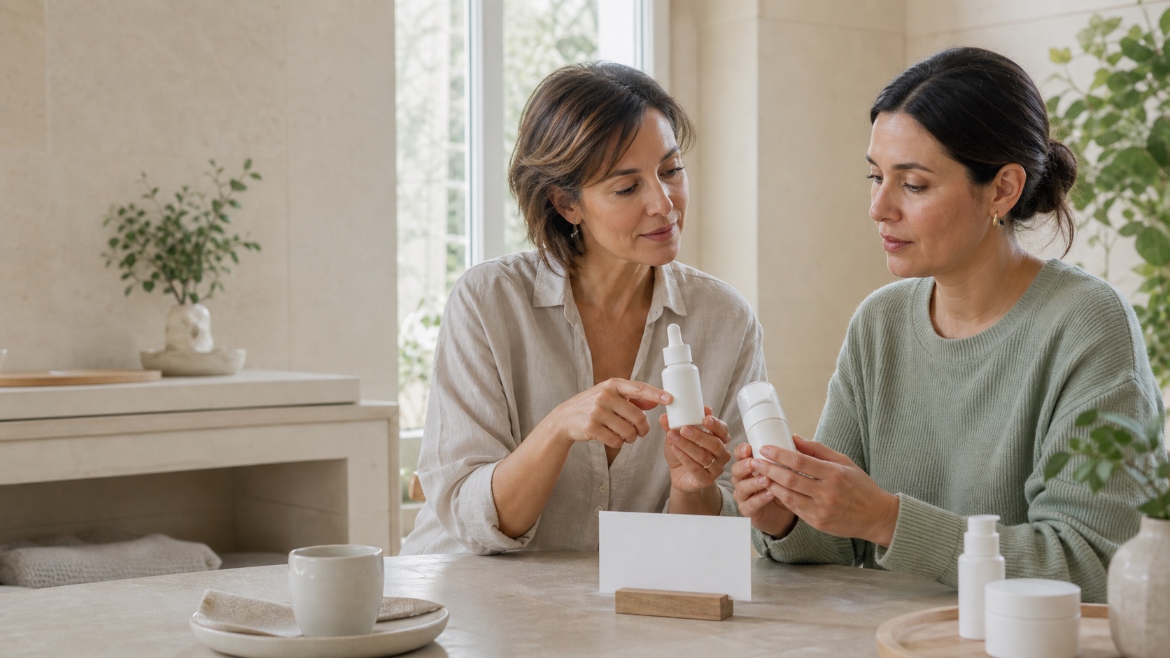 Due donne adulte confrontano prodotti skincare senza marchio e una scheda di osservazione in uno studio luminoso