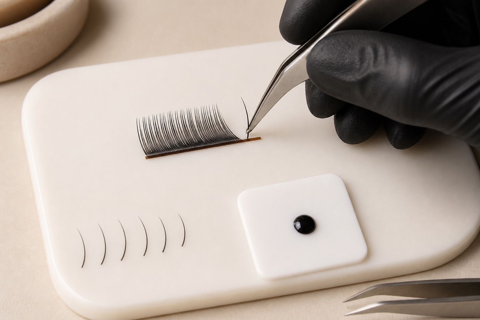 Esercitazione one to one su palette con fibra singola, pinzetta, ciglia pratica allineata e piccola goccia di adesivo separata dall’area di lavoro