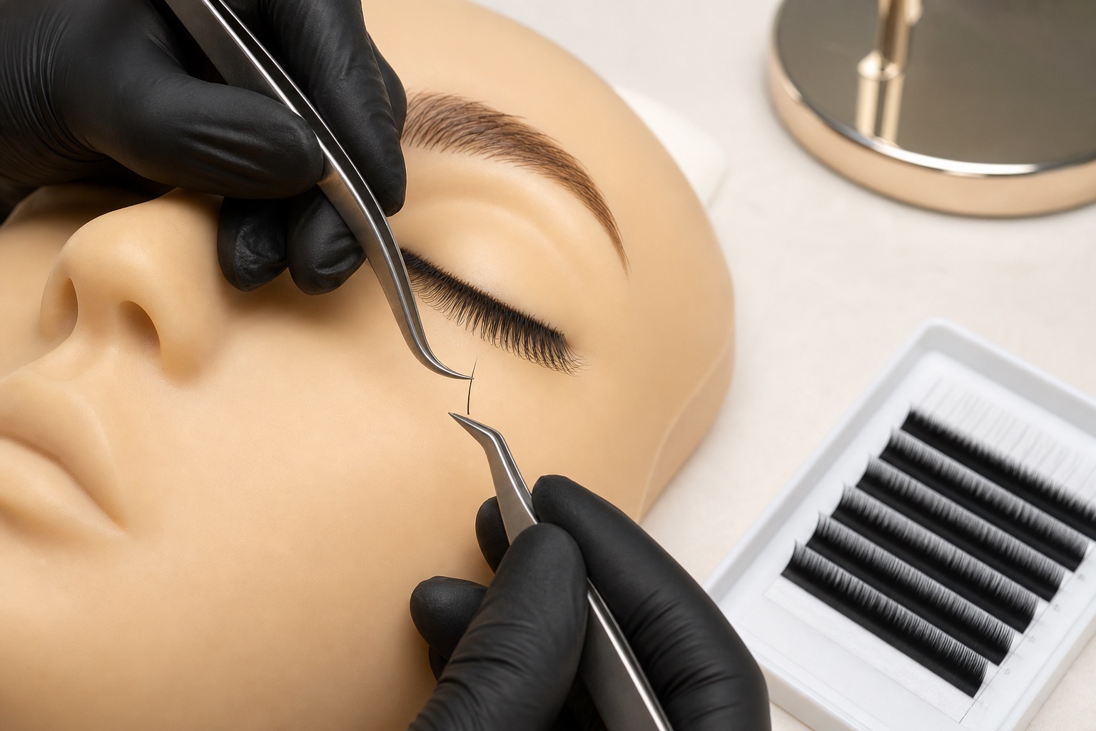Esercitazione professionale di isolamento one to one su mannequin con una ciglia pratica separata fra due pinzette e tray ordinato