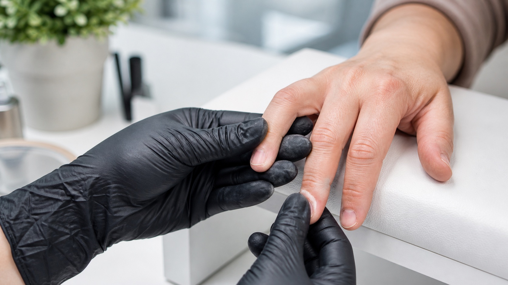 Onicotecnica con guanti neri osserva delicatamente unghie naturali molto corte e irregolari in una postazione manicure pulita