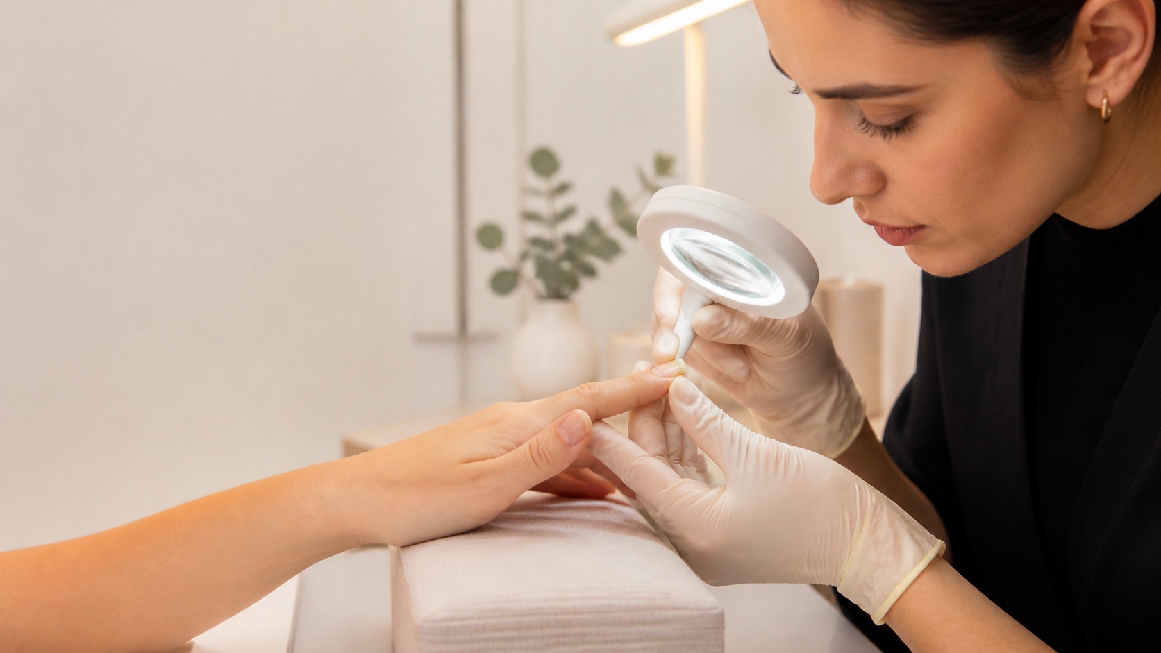 Onicotecnica con guanti osserva una lamina naturale con lente prima di interrompere il servizio e inviare la cliente al medico
