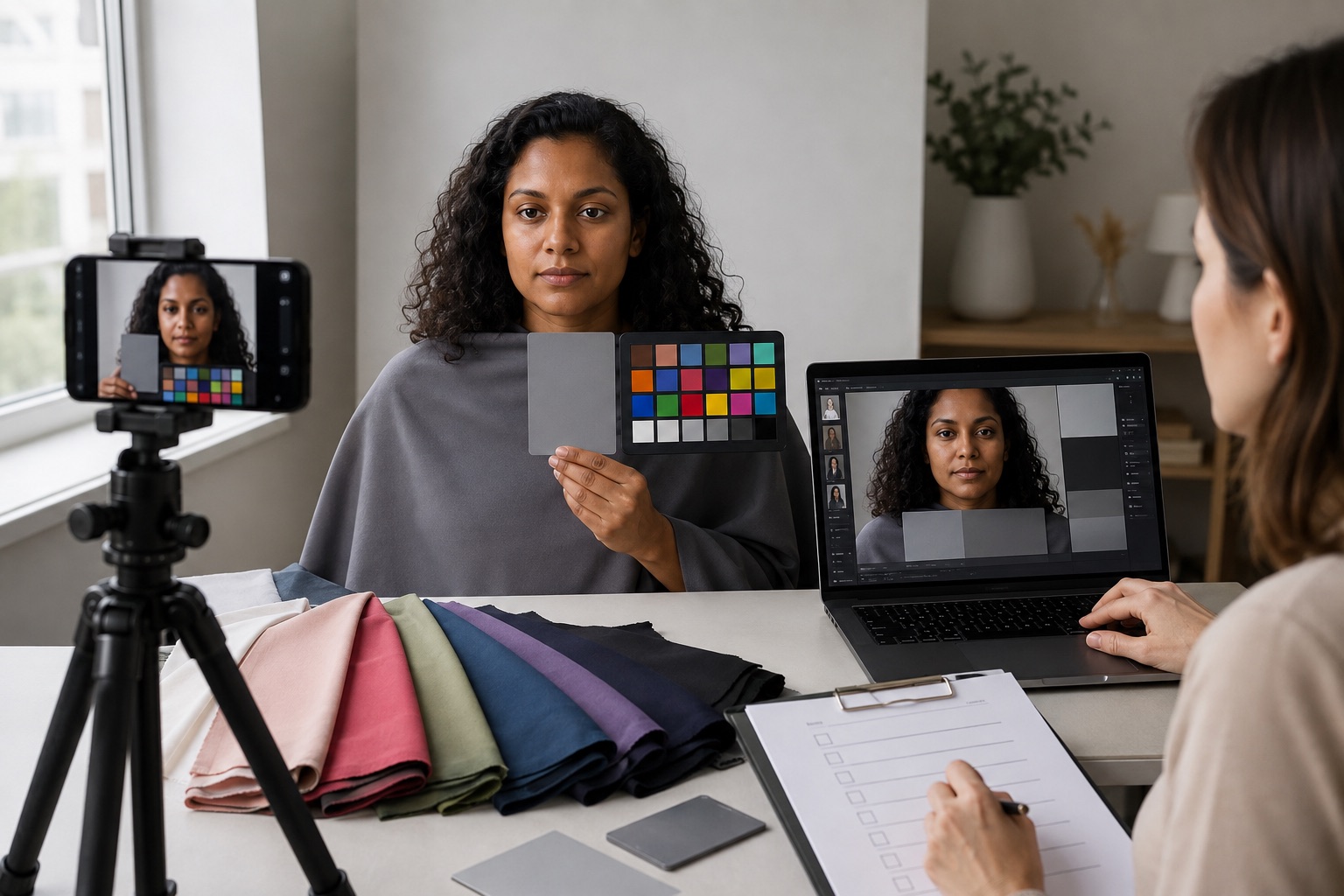 Remote personal colour analysis workflow with adult client, fixed smartphone, grey card, colour chart, matched fabrics and consultant reviewing a managed display