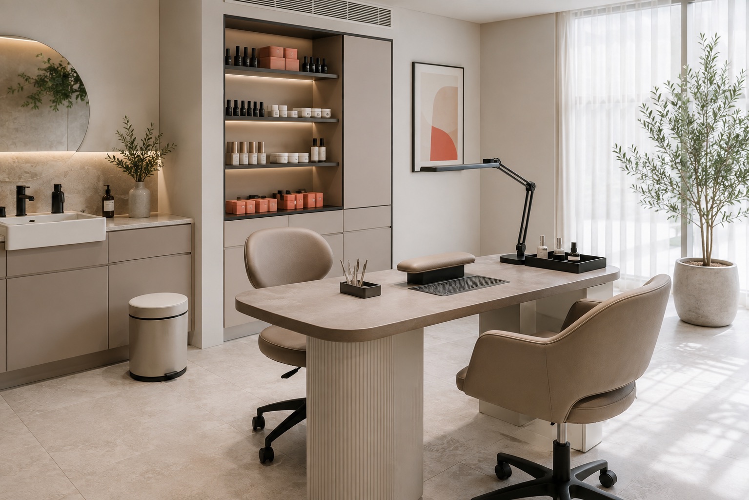 Professional nail salon workstation whose premises, lighting, furniture, equipment and utilities contribute to service overhead