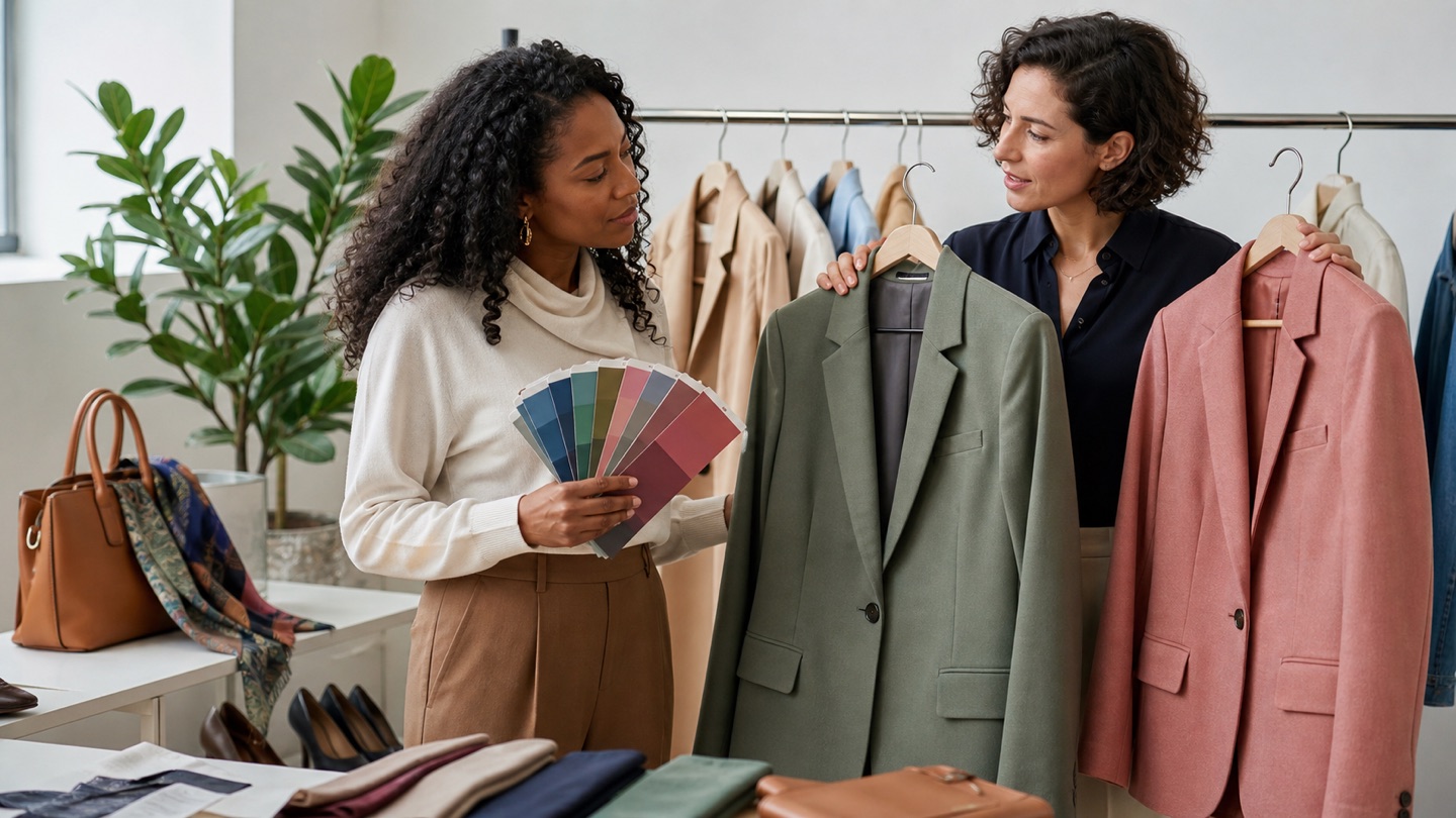 Consulente e cliente confrontano una palette tessile con due giacche davanti a un guardaroba di abiti e accessori