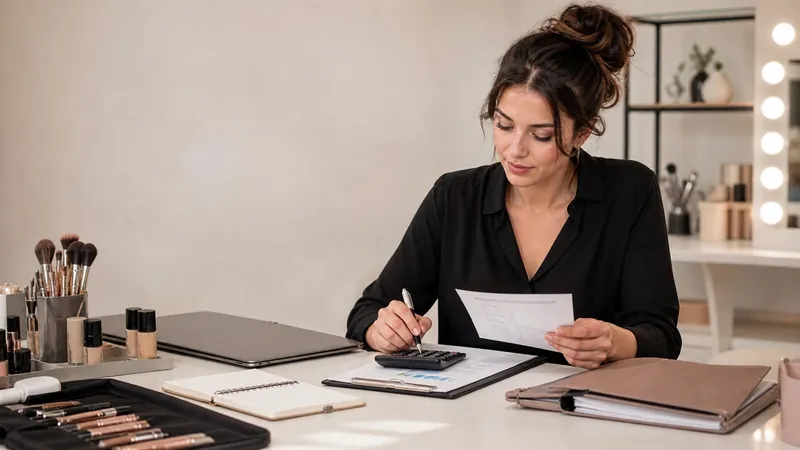 Make-up artist organizza agenda, calcolatrice e documenti nella propria postazione professionale