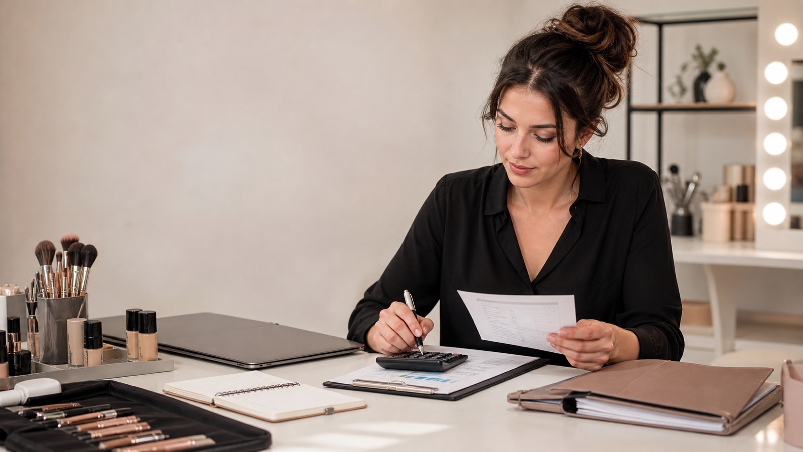 Make-up artist organizza agenda, calcolatrice e documenti nella propria postazione professionale