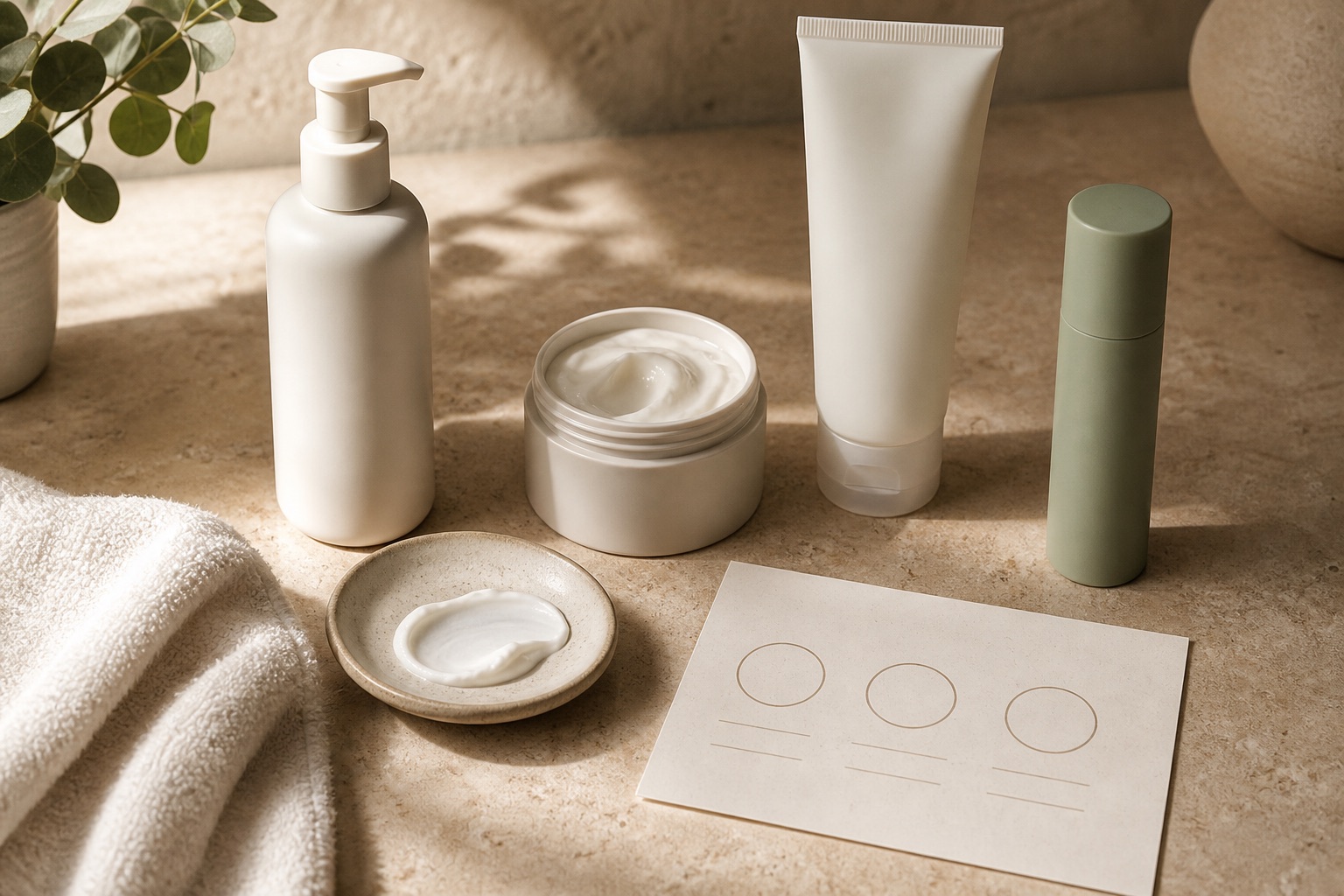 Detergente, crema idratante, protezione solare e un solo trattamento senza marchio accanto a una scheda routine essenziale