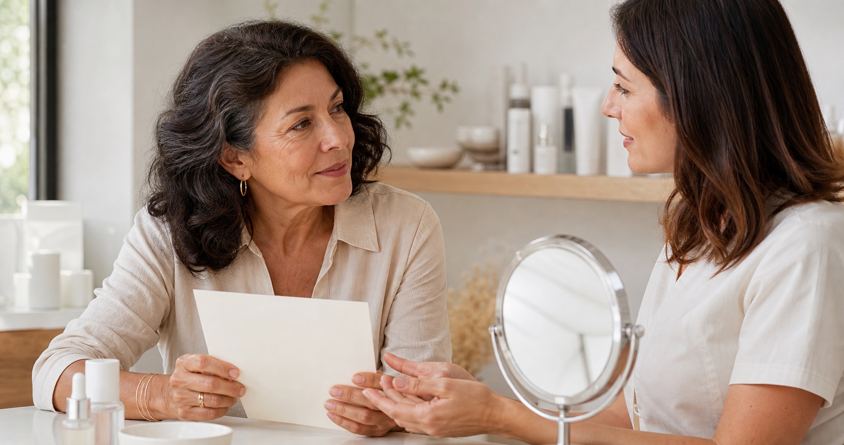 Donna matura con linee naturali e professionista skincare discutono una routine essenziale accanto a uno specchio e prodotti senza marchio