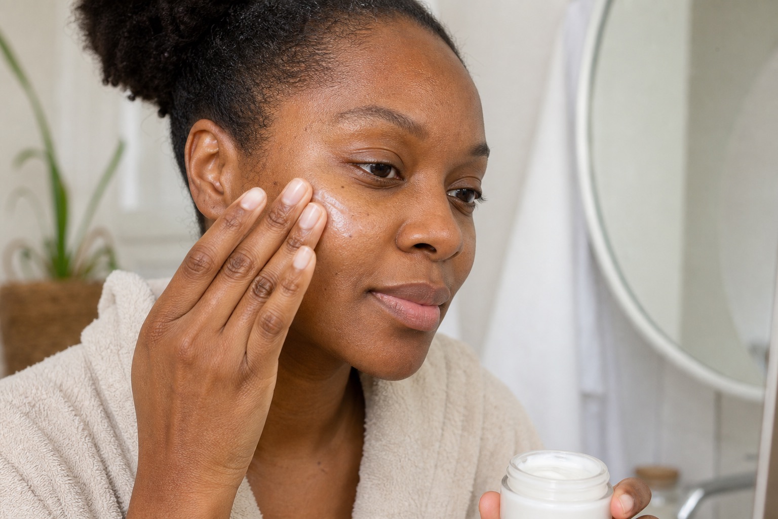 Donna adulta applica una crema senza marchio sulla guancia con pelle ancora leggermente umida dopo la detersione