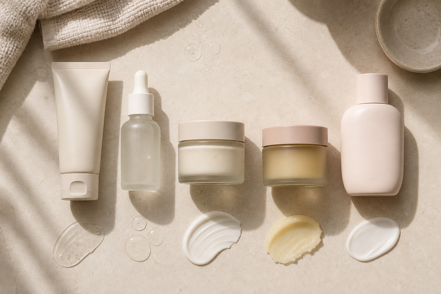 Detergente delicato, siero idratante, crema, balsamo e protezione solare senza marchio disposti su un piano chiaro