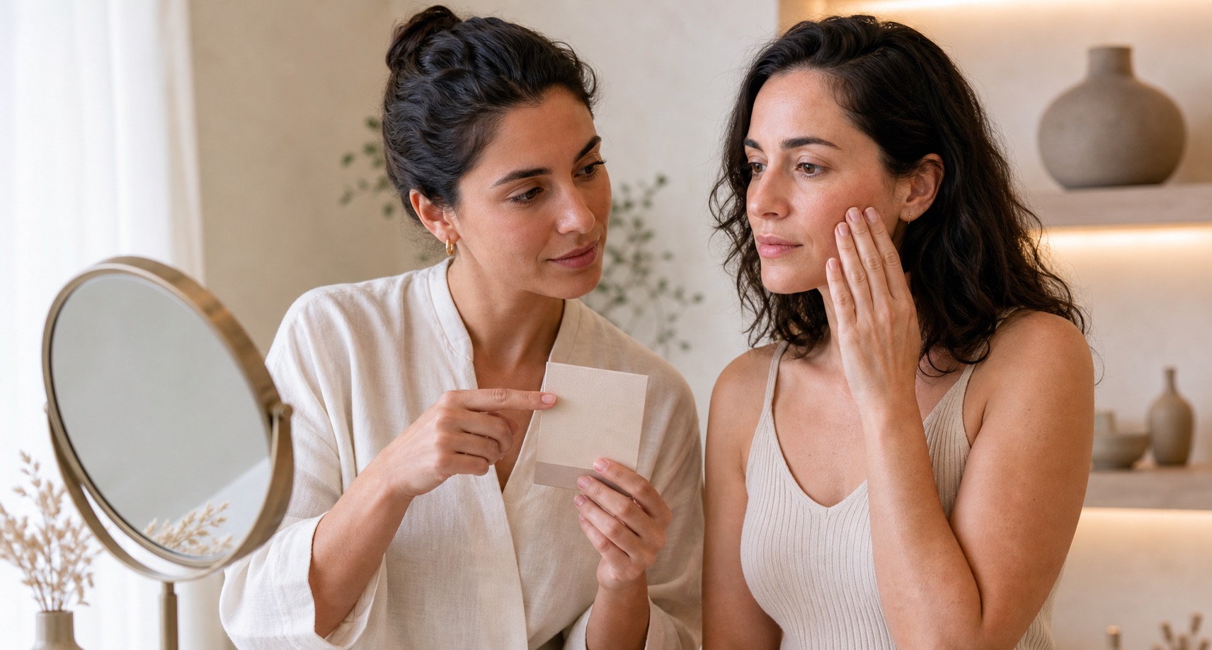 Professionista skincare e donna adulta osservano comfort e superficie della guancia in uno studio luminoso