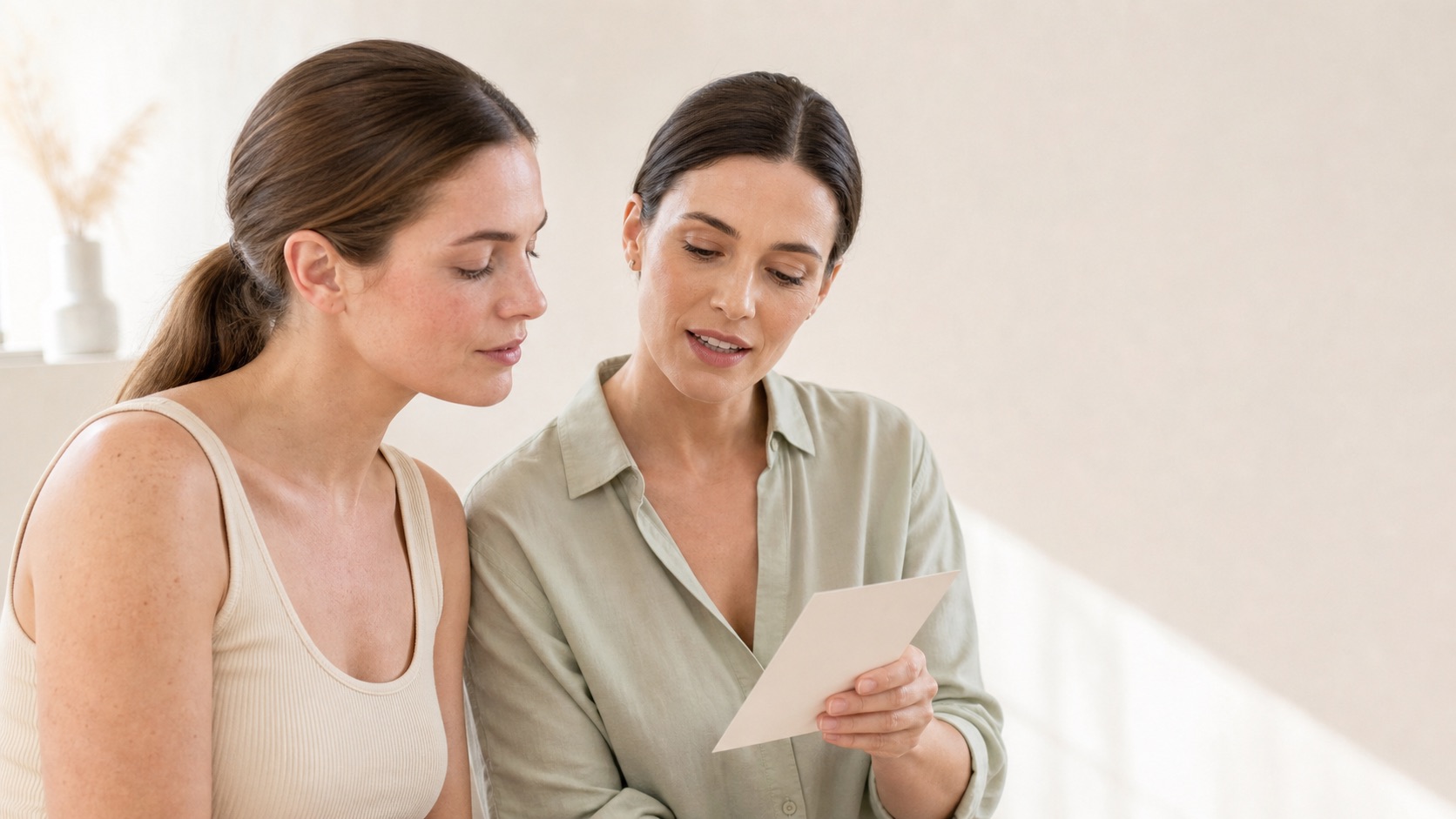Due donne adulte osservano insieme una scheda routine in un ambiente luminoso e neutro
