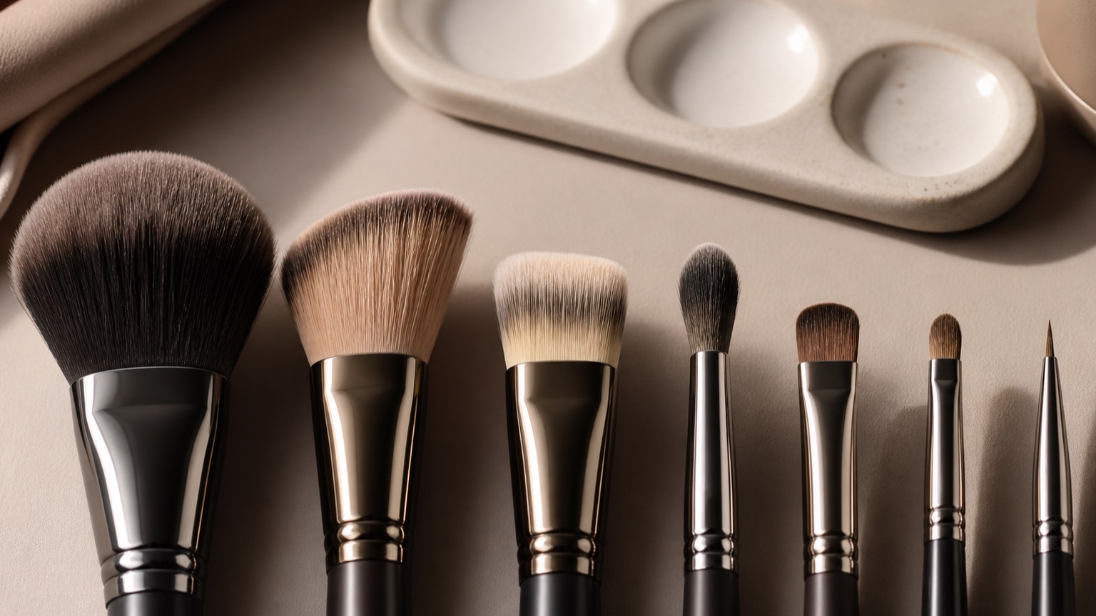 Confronto ordinato di pennelli make-up professionali con teste tonde, angolate, piatte, a fiamma, di precisione e liner