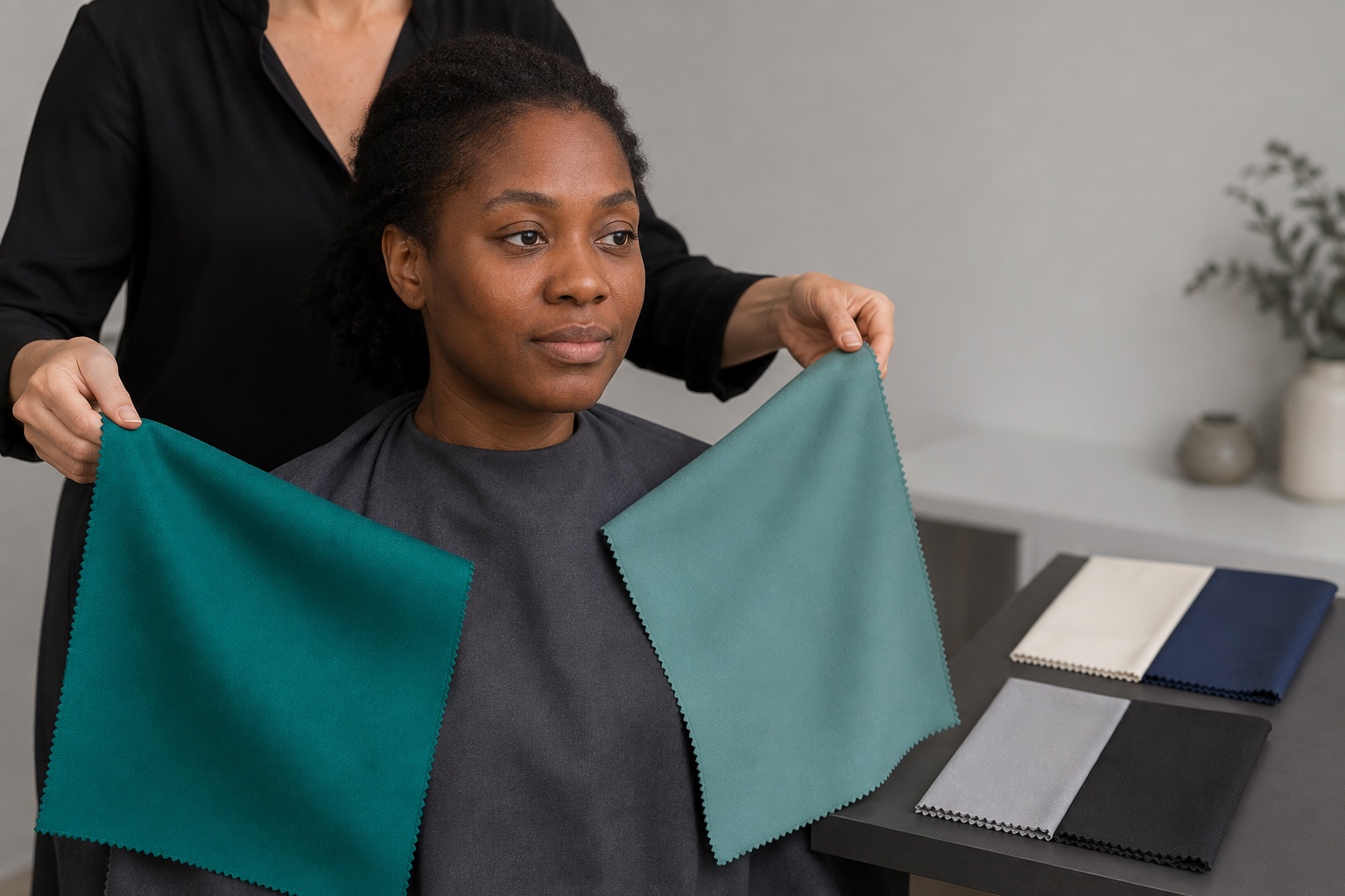 Colour analyst compares clear and muted blue-green drapes beside an adult client with deep skin under even neutral light