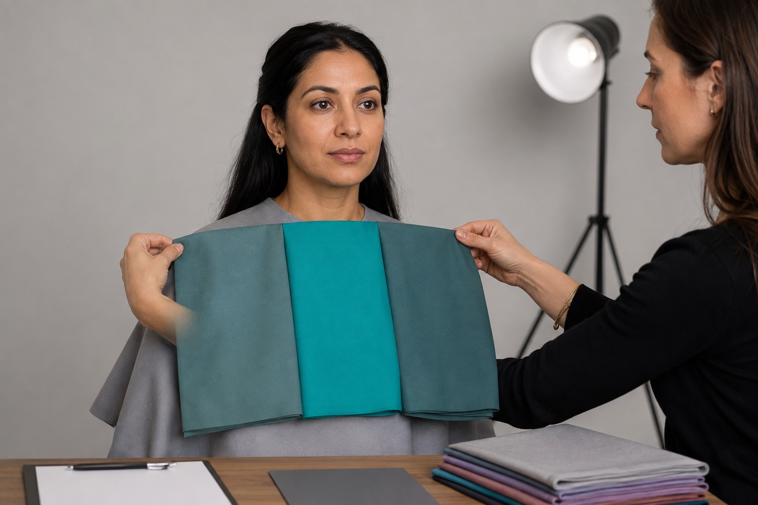 Professional colour analyst presents muted teal, clear teal and muted teal drapes at equal height under a client’s face in an evenly lit neutral studio