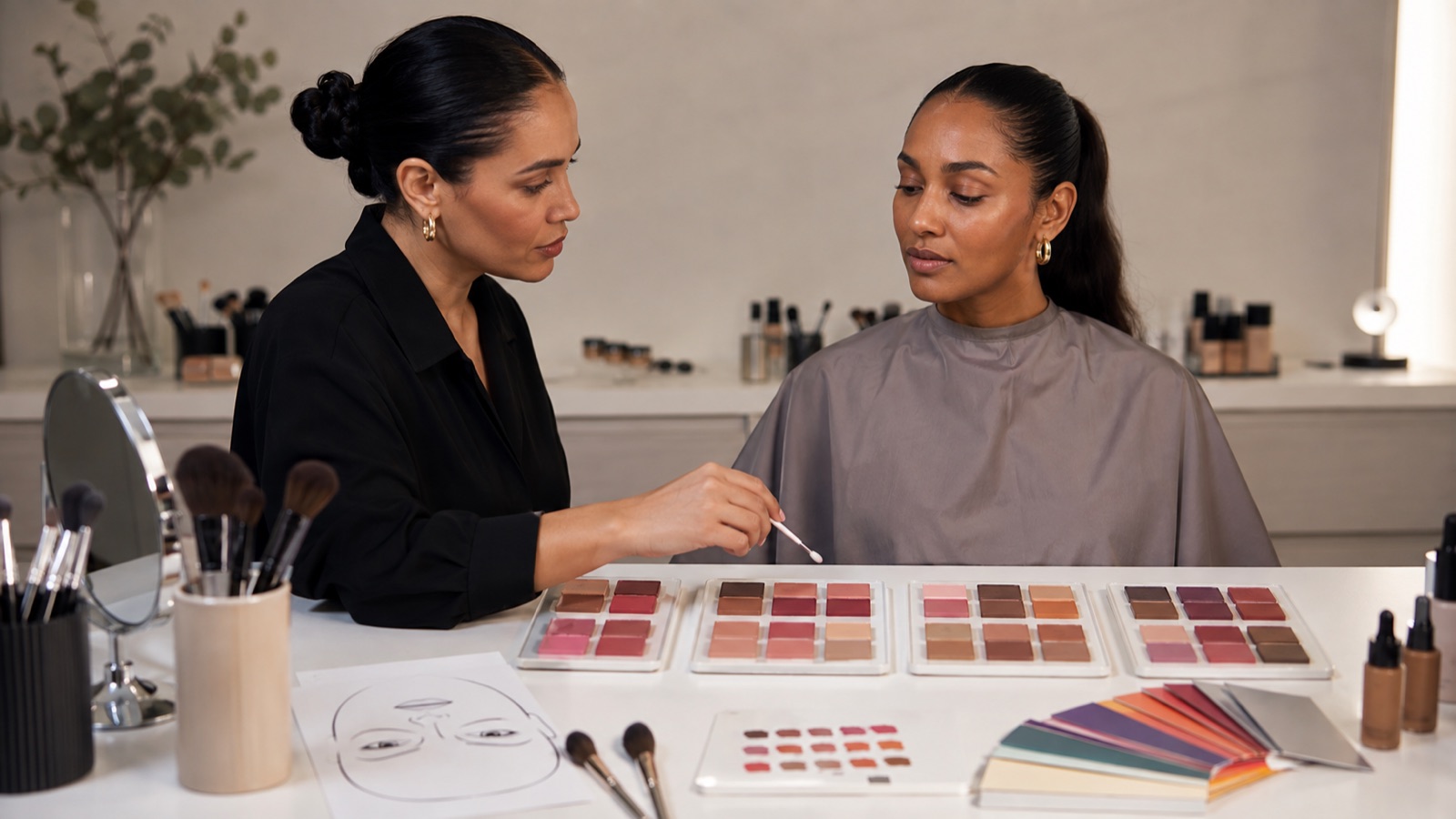Professional make-up artist compares hygienically prepared cheek, eye and lip colour families beside a client with medium-deep skin in controlled neutral light