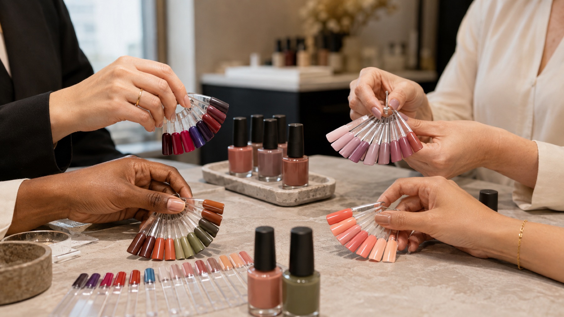 Four adult hands with diverse skin tones compare professional nail colour fans in cool deep, cool soft, warm rich and warm clear directions