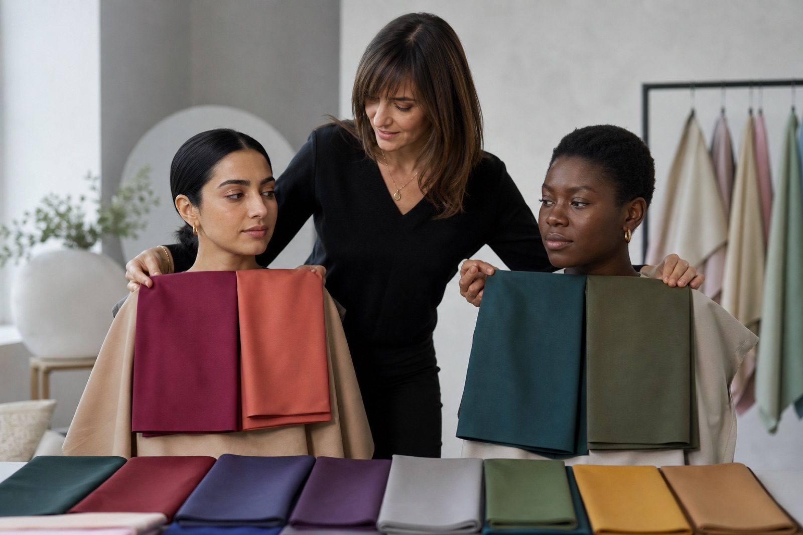 Personal colour consultant compares balanced berry and terracotta fabrics plus deep teal and olive fabrics on adult clients with olive and deep skin tones in controlled neutral light