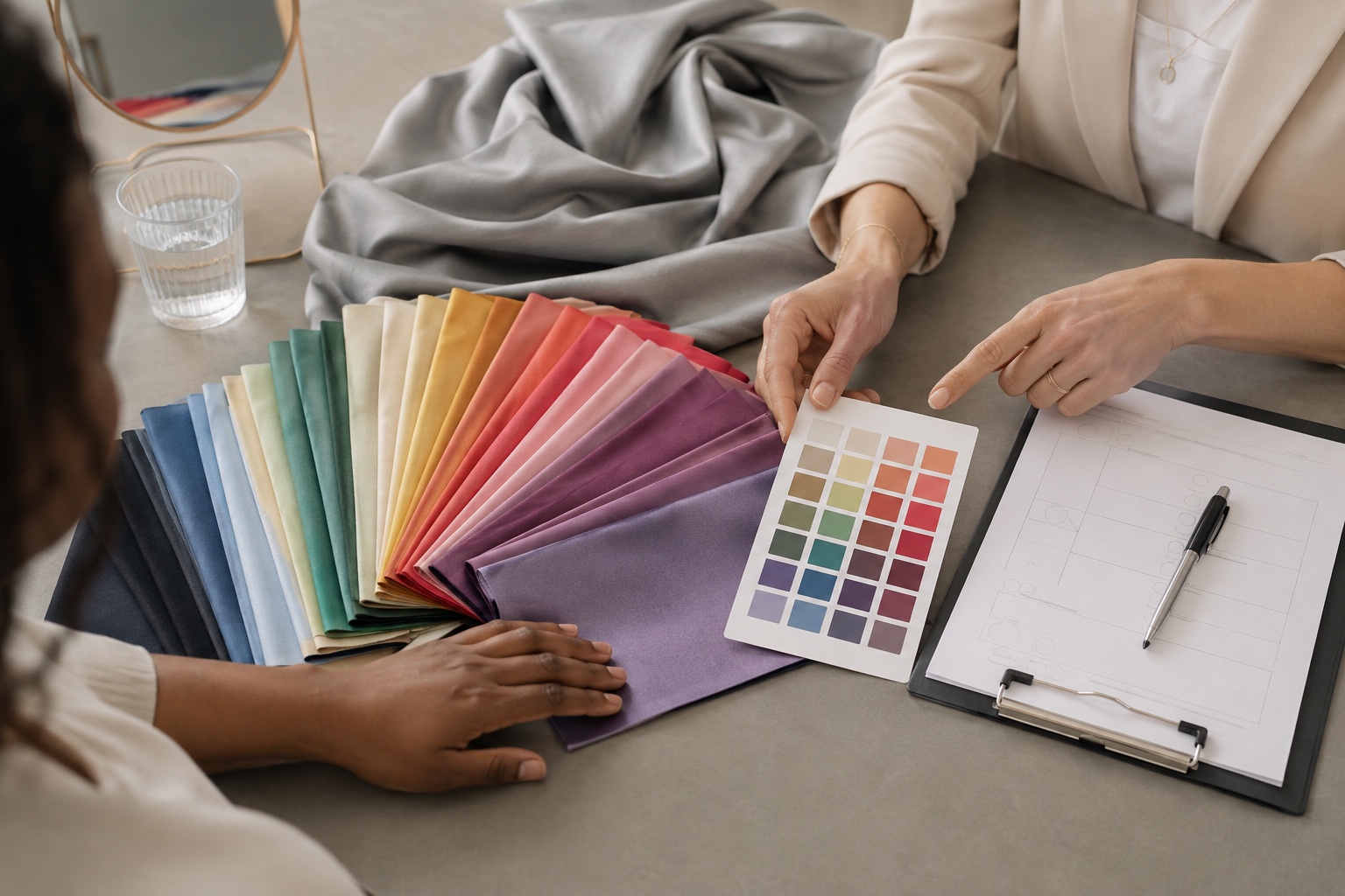 Colour analyst and adult client review a palette card, fabric swatches and consultation notes on a neutral studio table