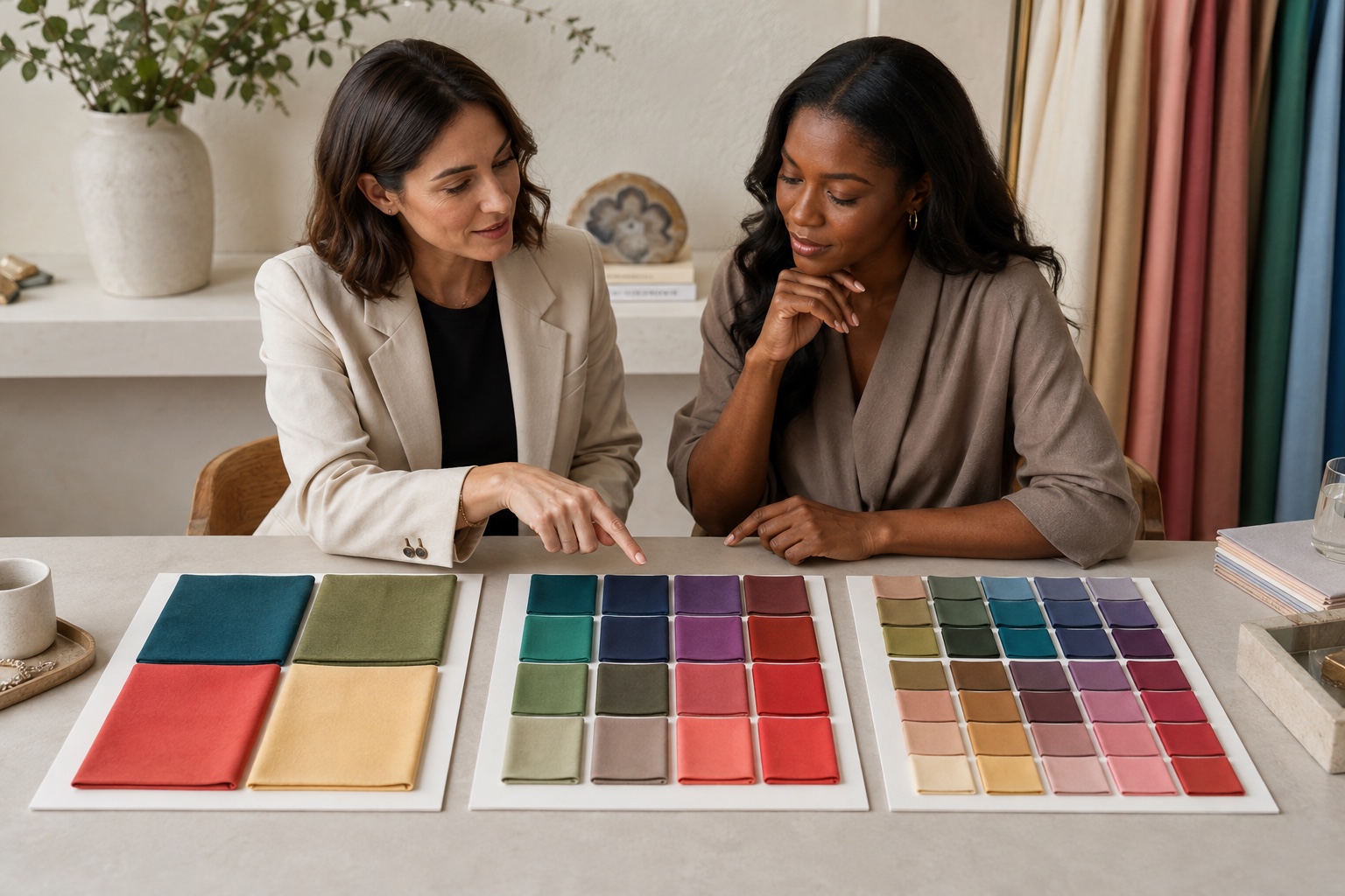 Professional colour analyst and adult client compare three palette boards arranged from broad colour families to increasingly granular fabric groups