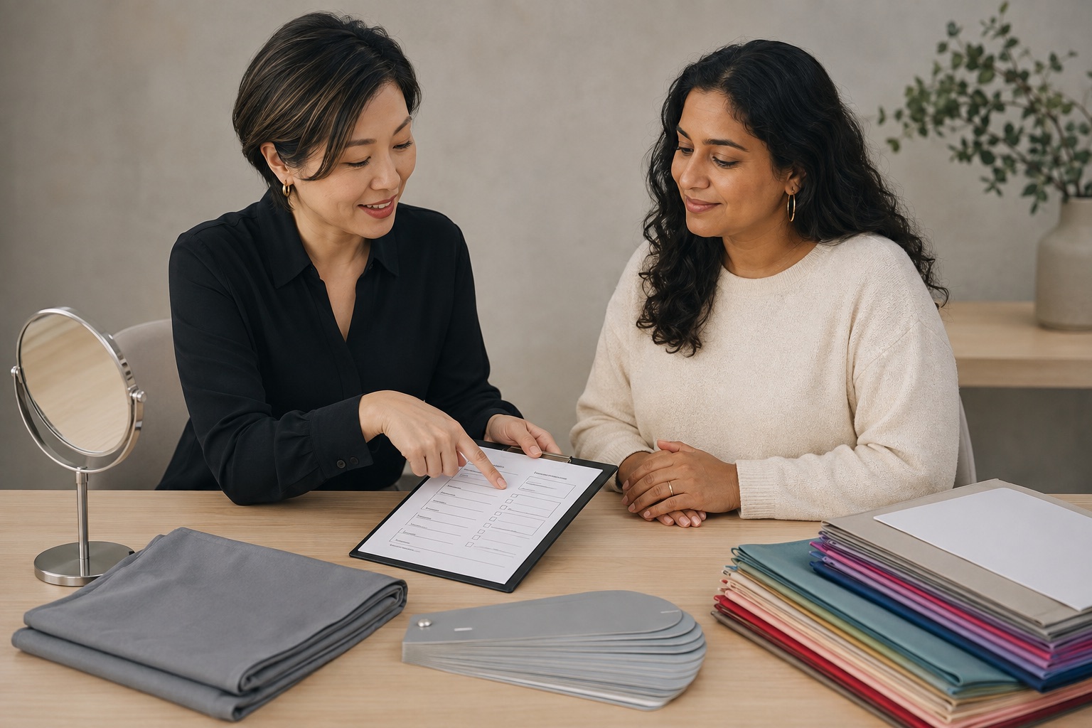 Personal colour consultant and adult client review service scope and separate consent choices beside a neutral cape, covered drapes and mirror before the session