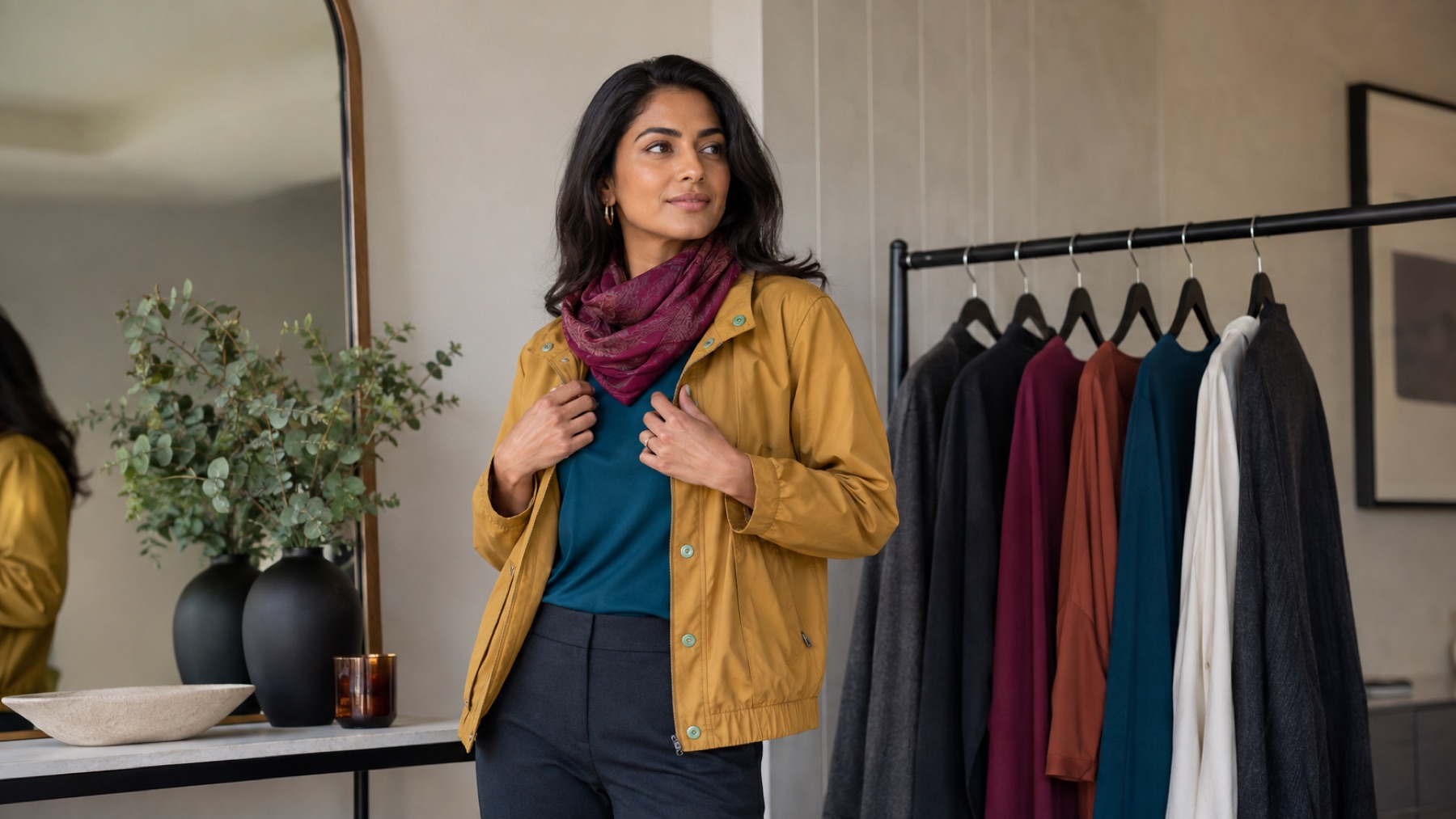 Adult woman styles a mustard jacket open over a deep teal top with a berry scarf beside a coordinated wardrobe in neutral daylight