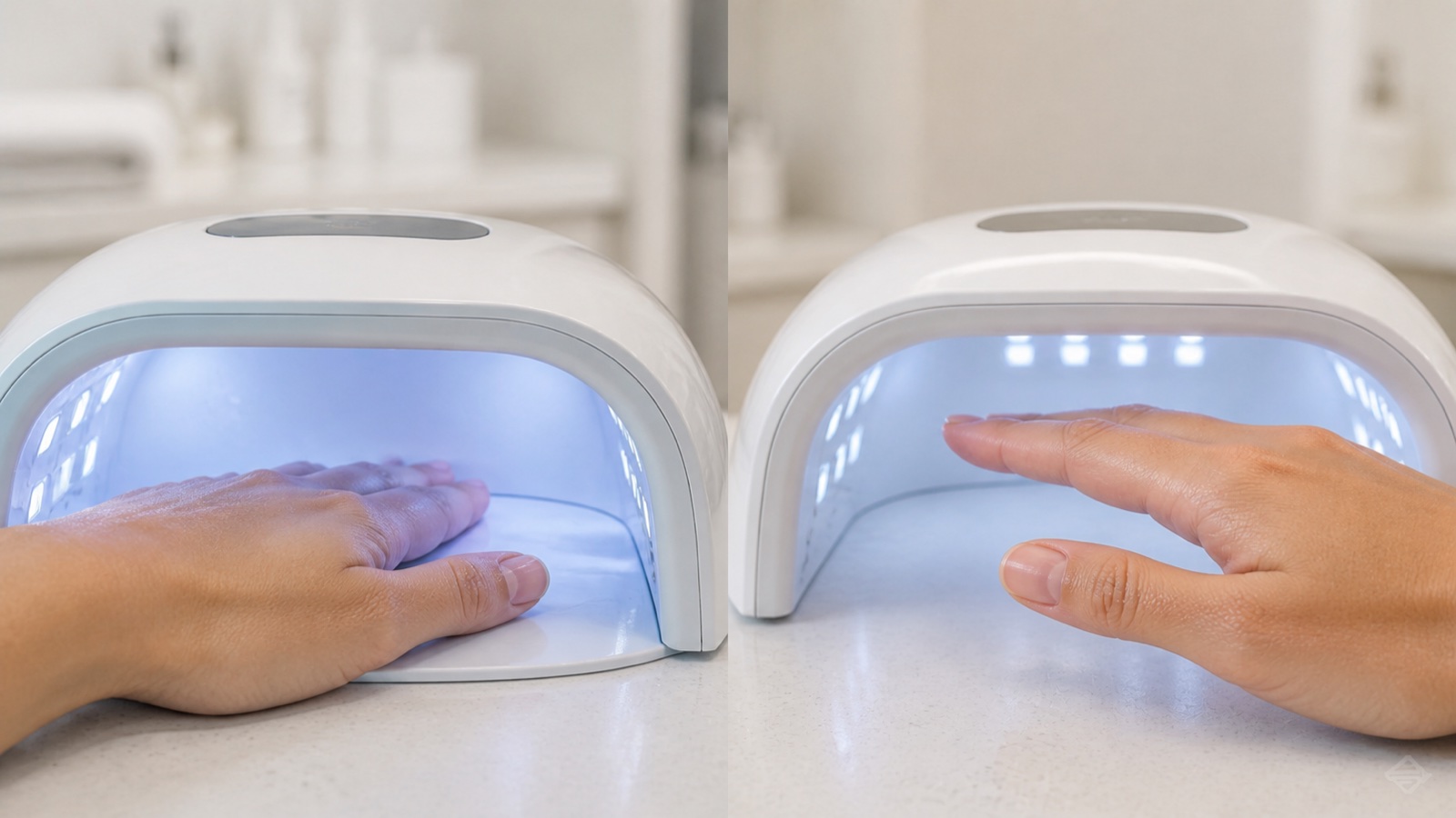 Professional curing check for gel nails covering thin layers, flat hand position, full cycle and product records