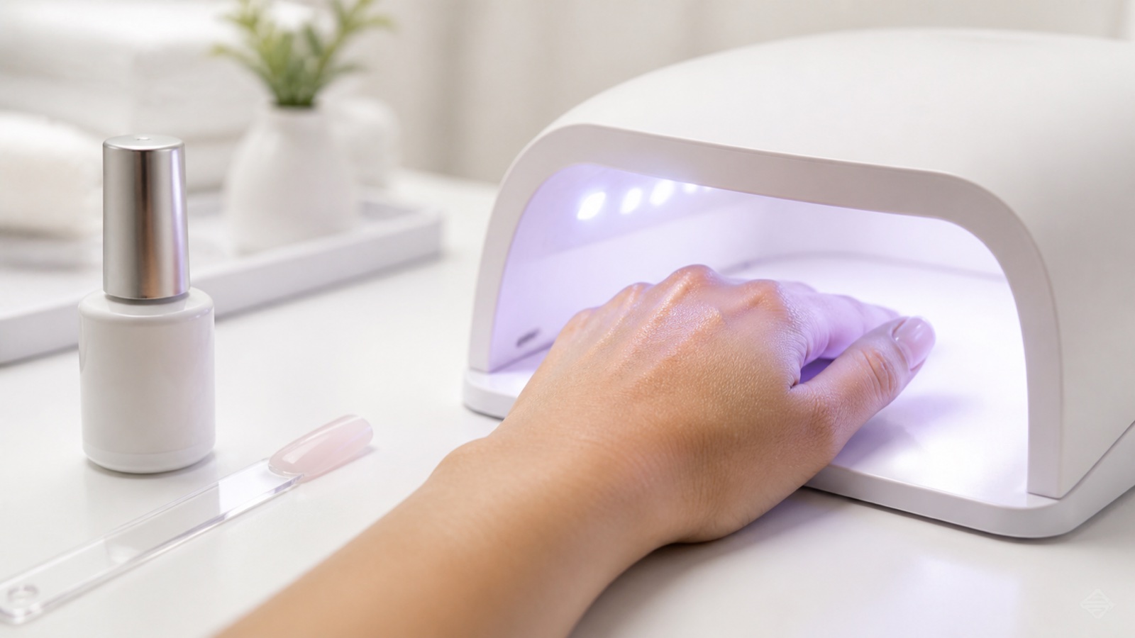 Compatible gel nail curing system showing product formula, lamp, layer thickness, hand position and exposure time