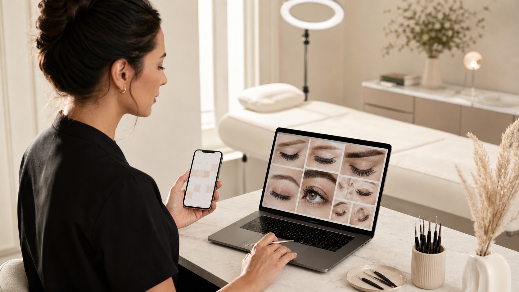 Lash maker adulta seleziona il portfolio di lavori ciglia e controlla un calendario di prenotazioni in studio