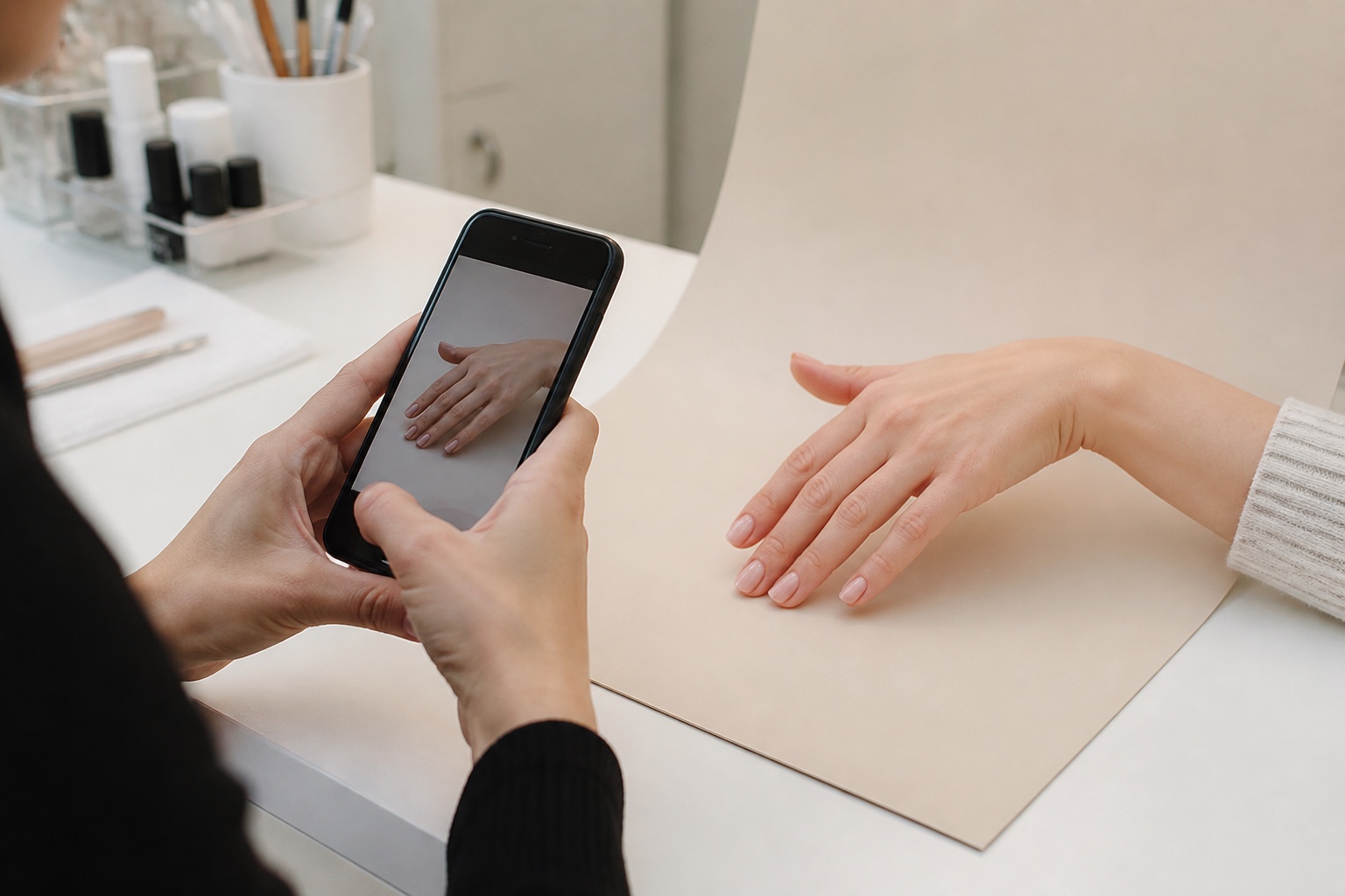Nail technician photographs a natural manicure in neutral light for a credible client-facing portfolio
