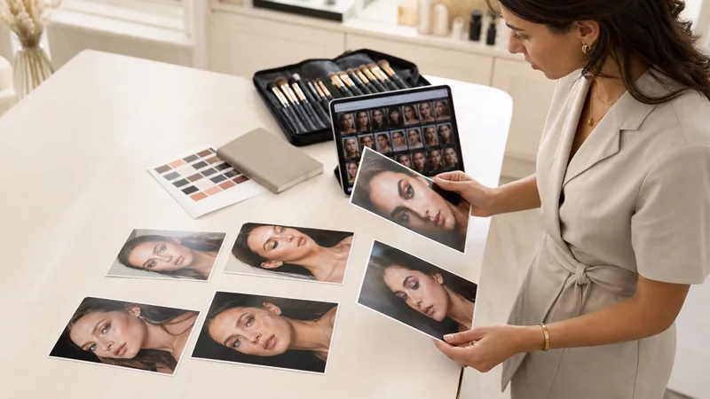 Una make-up artist seleziona ritratti beauty tra fotografie stampate e una galleria su tablet