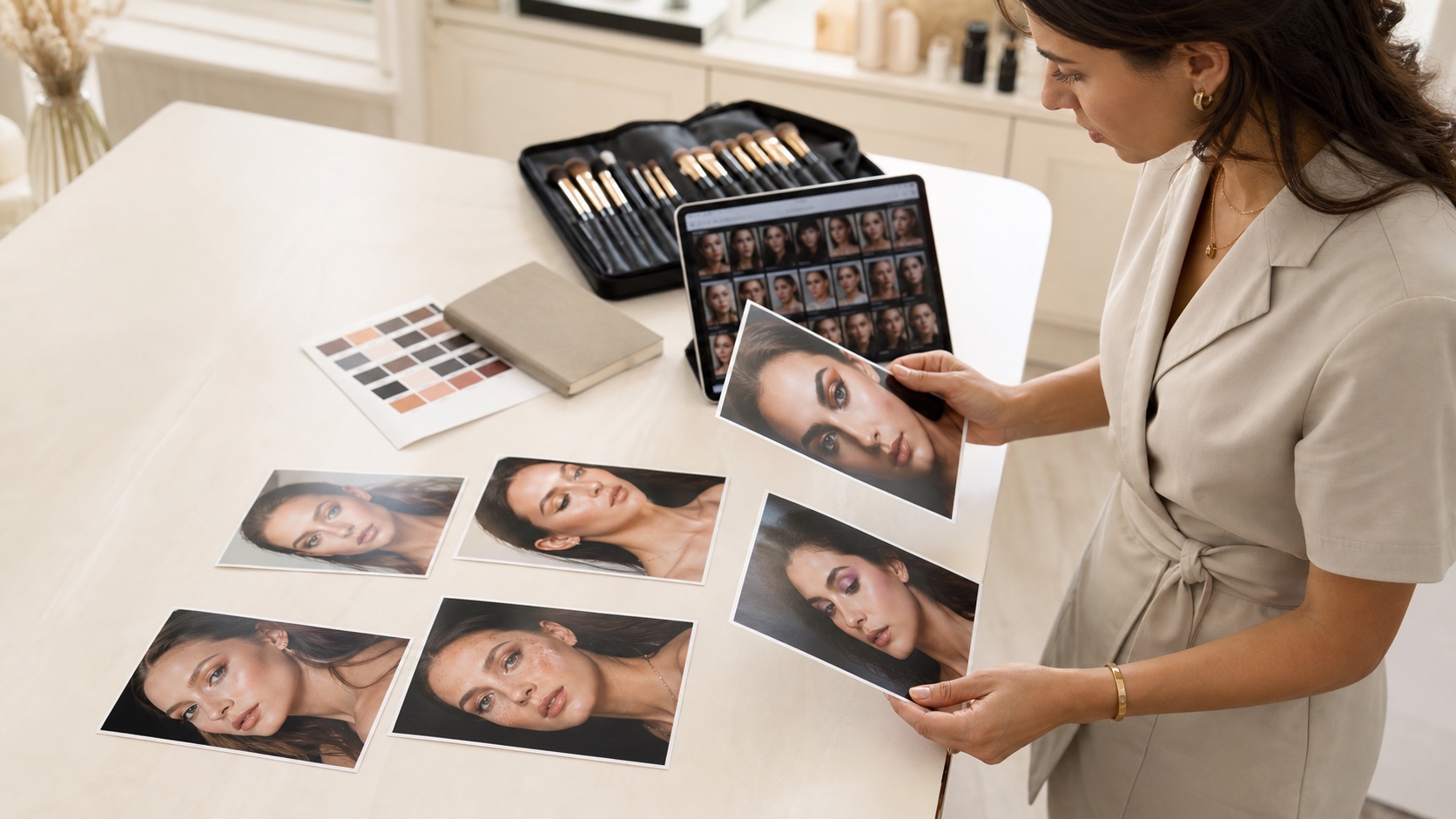 Make-up artist adulta seleziona fotografie di lavori beauty diversi per costruire un portfolio professionale