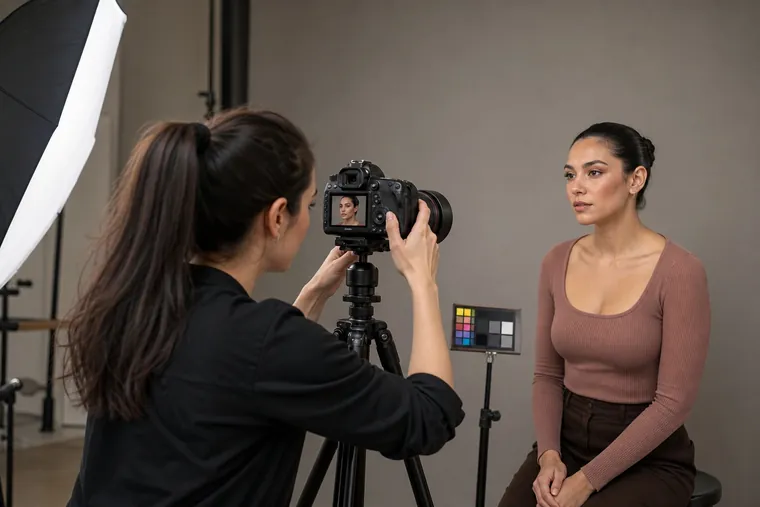 Ripresa di un look beauty con luce diffusa, fotocamera su treppiede e riferimento colore