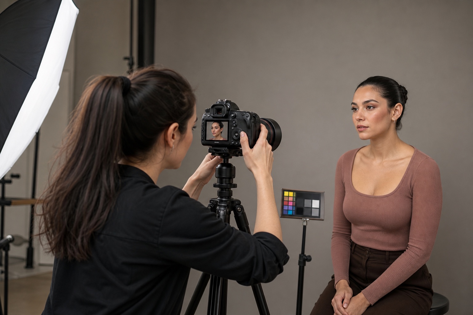 Make-up artist adulta fotografa una modella adulta con luce diffusa e carta colore per documentare fedelmente il look nel portfolio