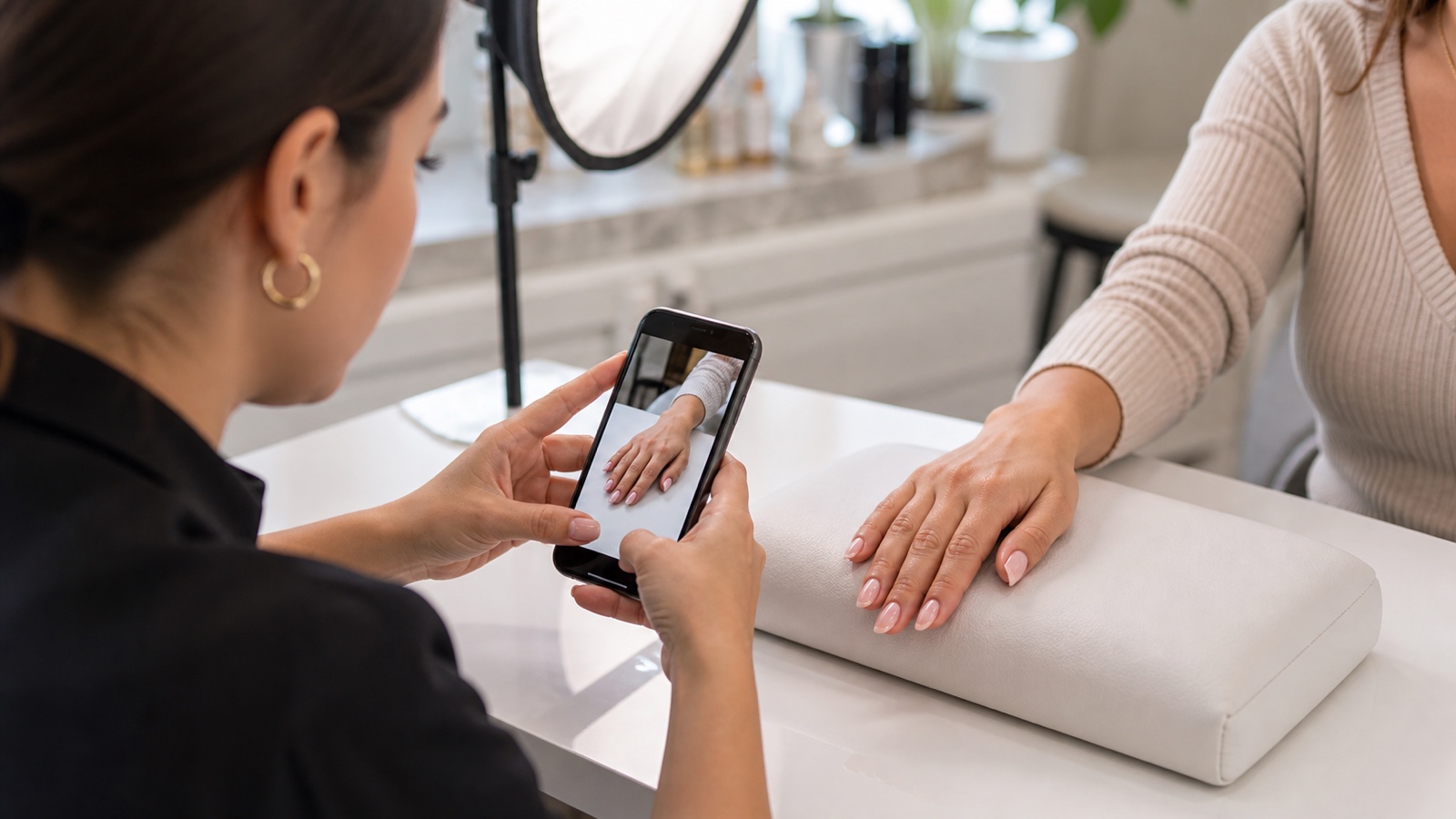 Onicotecnica fotografa una manicure professionale con smartphone in un nail salon