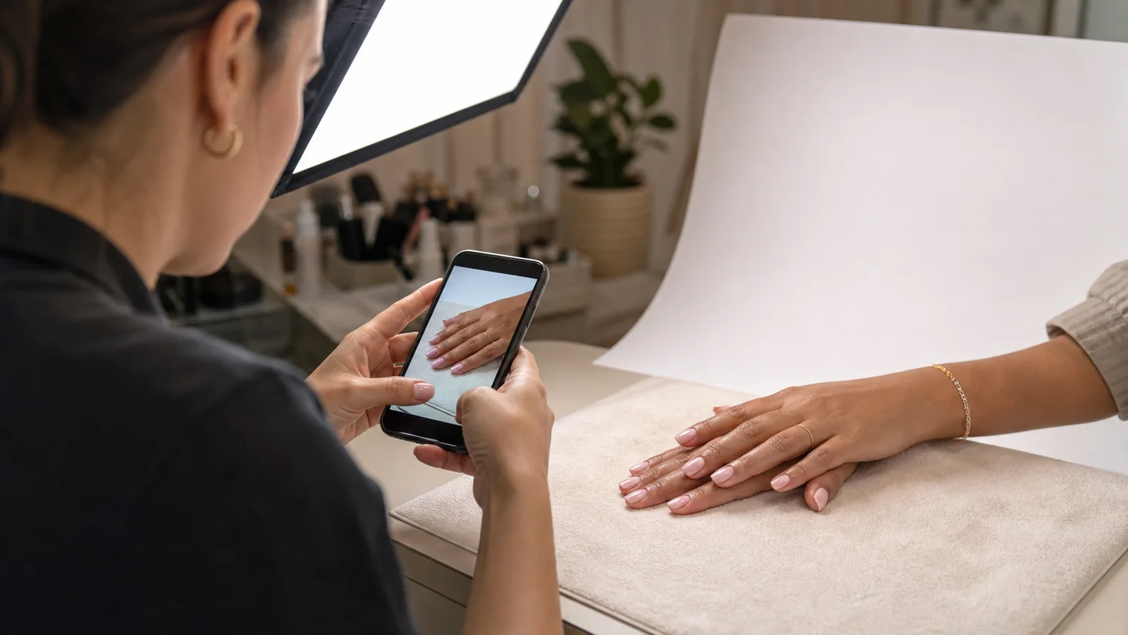 Nail technician photographing a finished manicure with a smartphone and soft light for a professional portfolio
