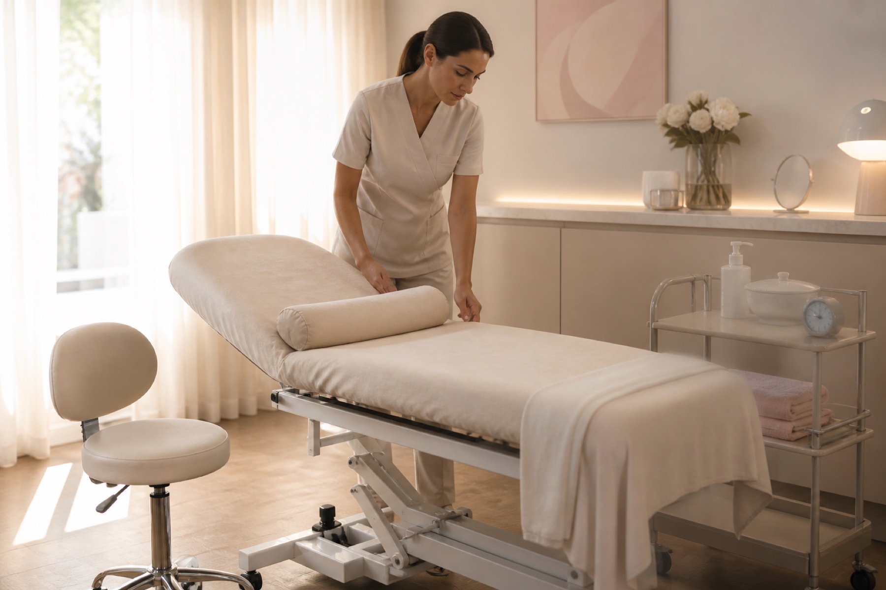 Professionista regola un lettino con bolster accanto a sgabello, carrello, luce e pochi materiali essenziali