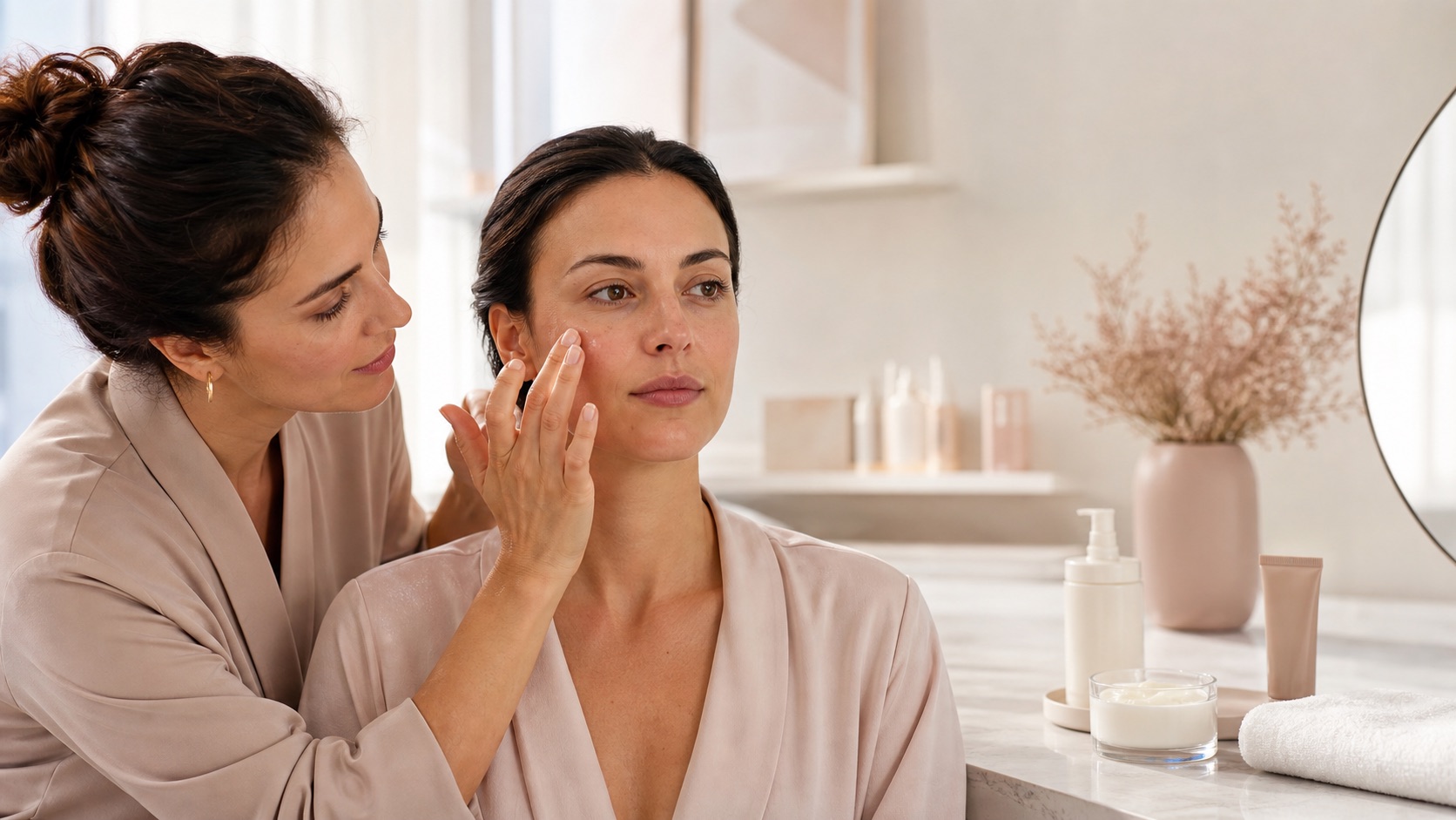 Make-up artist adulta applica una piccola quantità di idratante sul viso pulito di una modella adulta prima del trucco