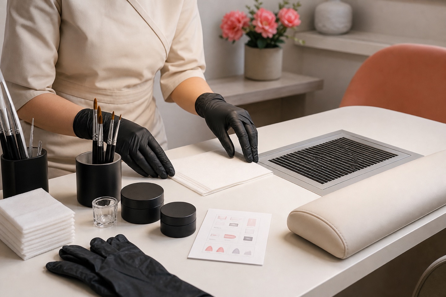 Postazione manicure ordinata con aspiratore, contenitori chiusi, pennelli puliti e guanti in nitrile