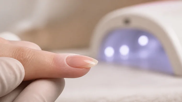 Profilo di un’unghia con rivestimento nude, sostenuta da una mano guantata; lampada sullo sfondo
