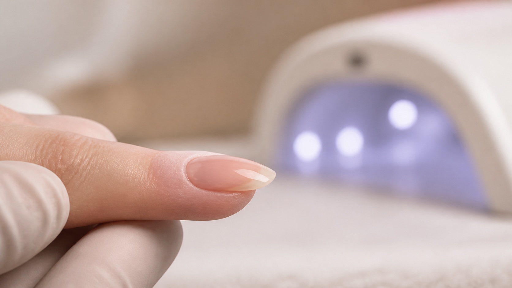 Macro di unghia sana con gel costruttore nude distribuito a spessore controllato e lampada UV LED sullo sfondo