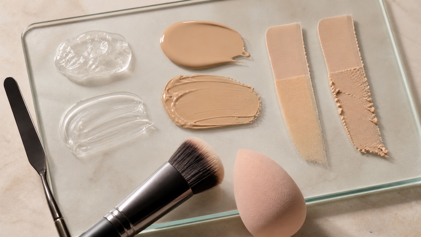 Palette professionale con texture trasparenti di primer, fondotinta fluido e due prove di stratificazione sottile e sovraccarica