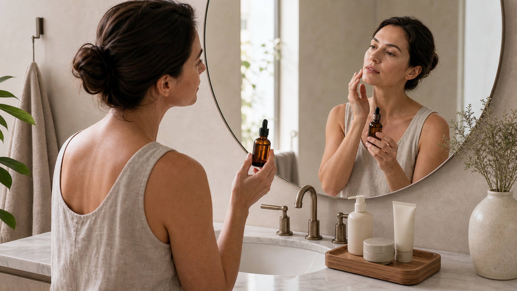 Donna adulta sceglie un singolo siero senza marchio davanti allo specchio accanto a una routine skincare essenziale