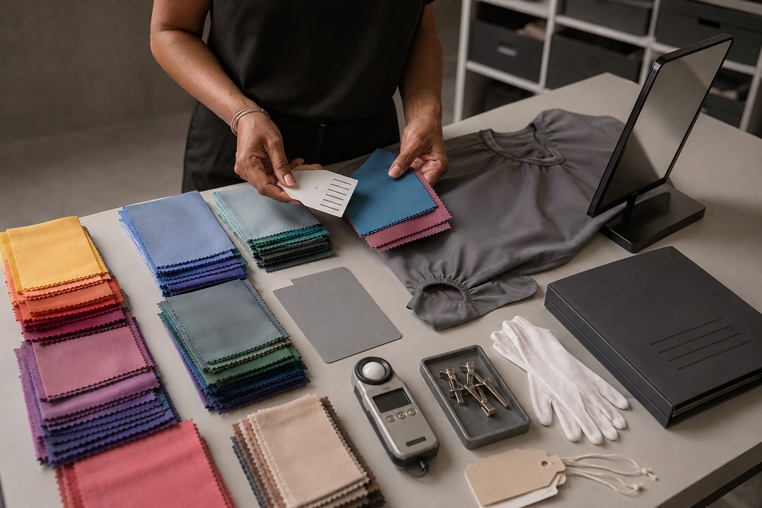 Professional personal colour consultant checks organised drape comparison modules beside a matte grey cape, mirror, grey card, light meter, clips and protected storage