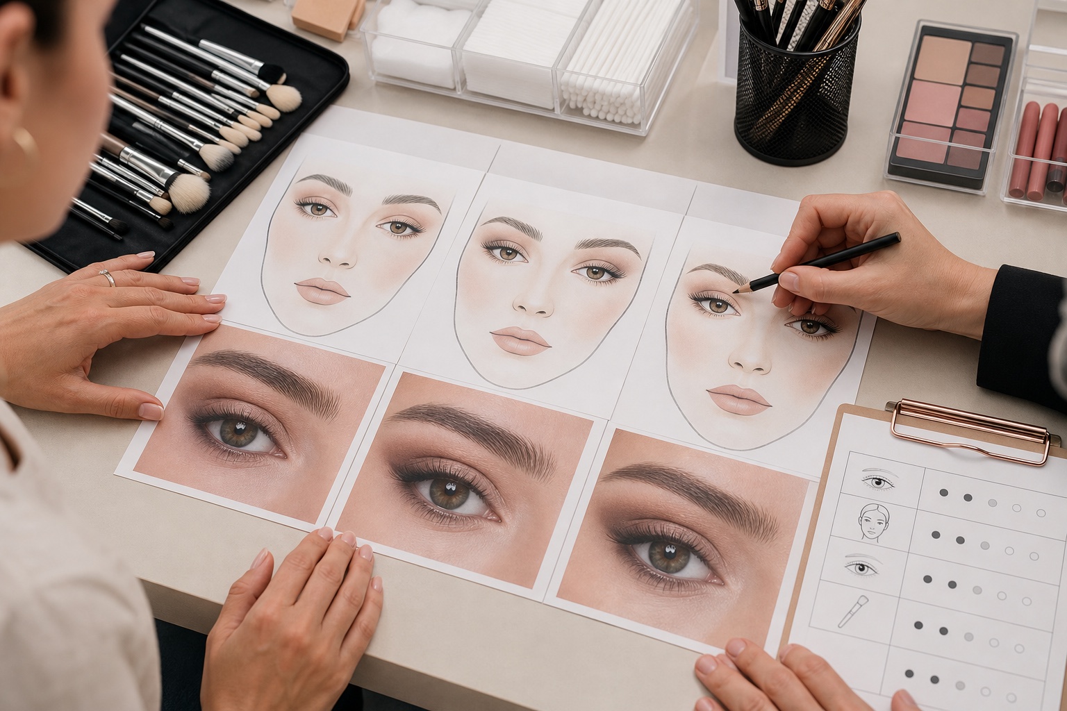Allieva e docente confrontano face chart ed esercizi occhi per valutare simmetria, sfumatura e progressi nel make-up