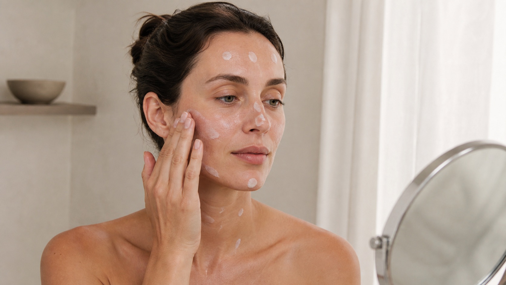 Donna adulta distribuisce piccoli punti di protezione solare su fronte, guance, naso, mento, mandibola e collo davanti allo specchio